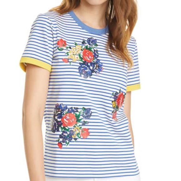 NWT Tory Burch Striped Floral Embroidered T-Shirt -Fresh Stripe Tea Rose - Picture 1 of 7